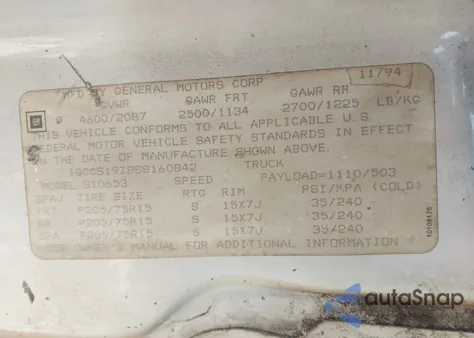 1995 Chevrolet S Truck S10 from USA, damaged, VIN 1GCCS19Z8S8160842